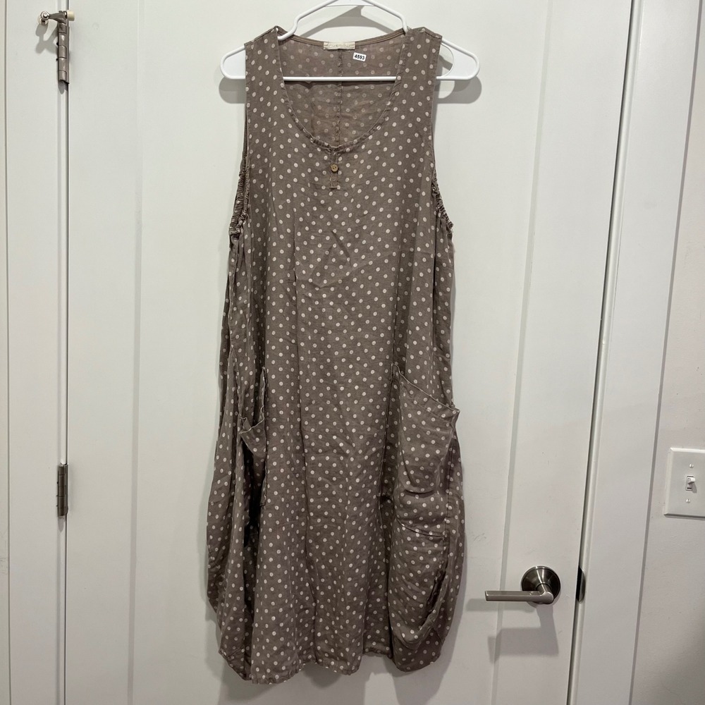 Made in Italy Linen Polka Dot Sleeveless Pocket Dress Taupe Lagenlook Large